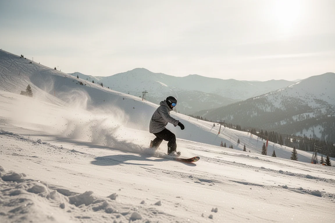 Snowboardåkare som carvar genom lätt, torr pudersnö på en solig bergssluttning