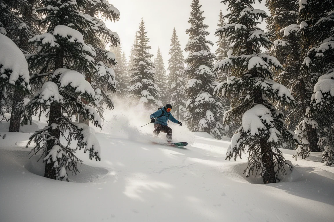 Snowboardåkare som navigerar ett trångt, ospårat trädpass