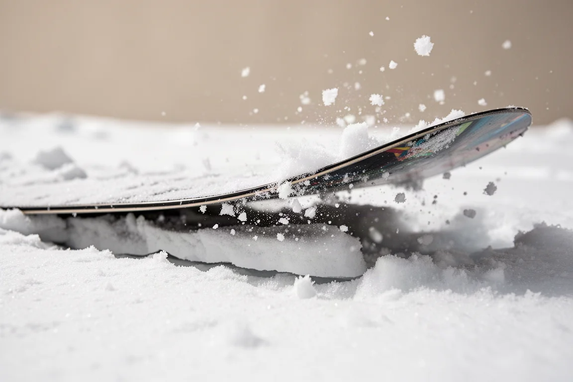 Snowboard som bryter genom ett tunt skorplager i varierande snö