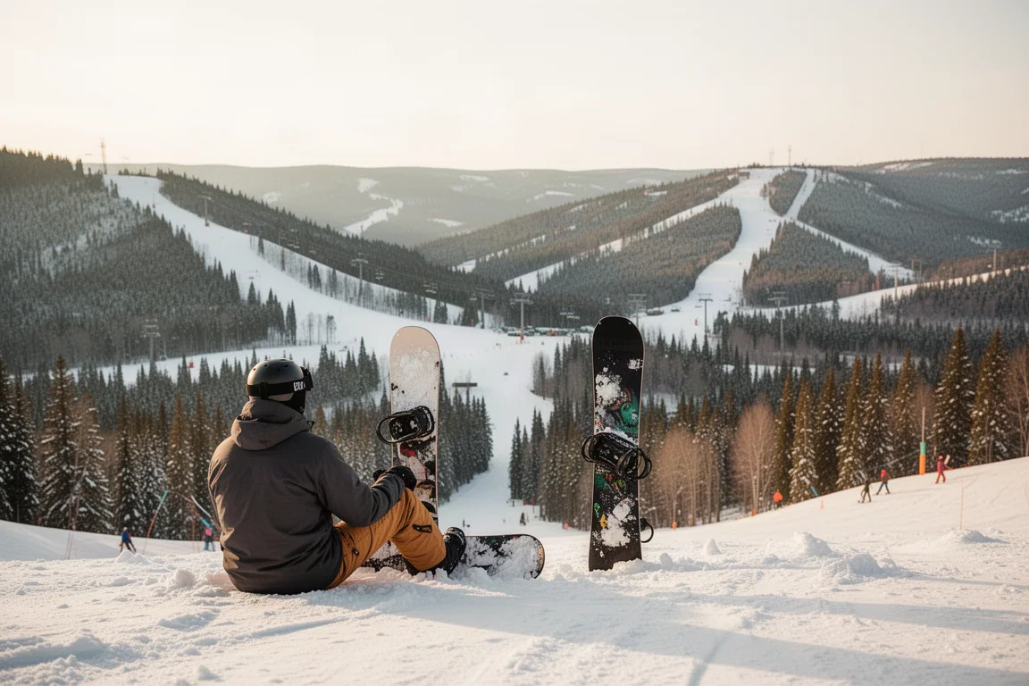 Snowboardåkare som pausar för rast på en bergsrygg med utsikt över en bred dal