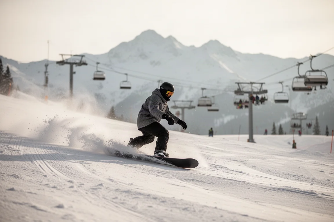 Snowboardzista tnący stok po przygotowanej trasie w jasnym zimowym dniu