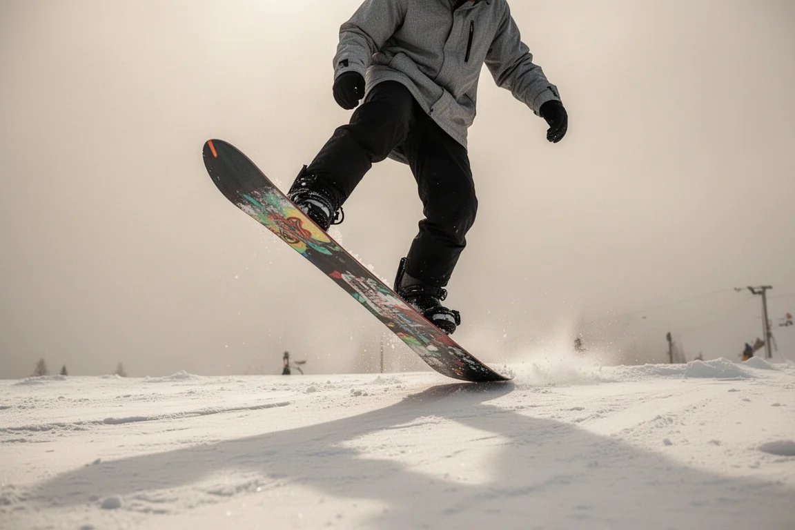 Snowboardzista dociskający nos deski na płaskim terenie