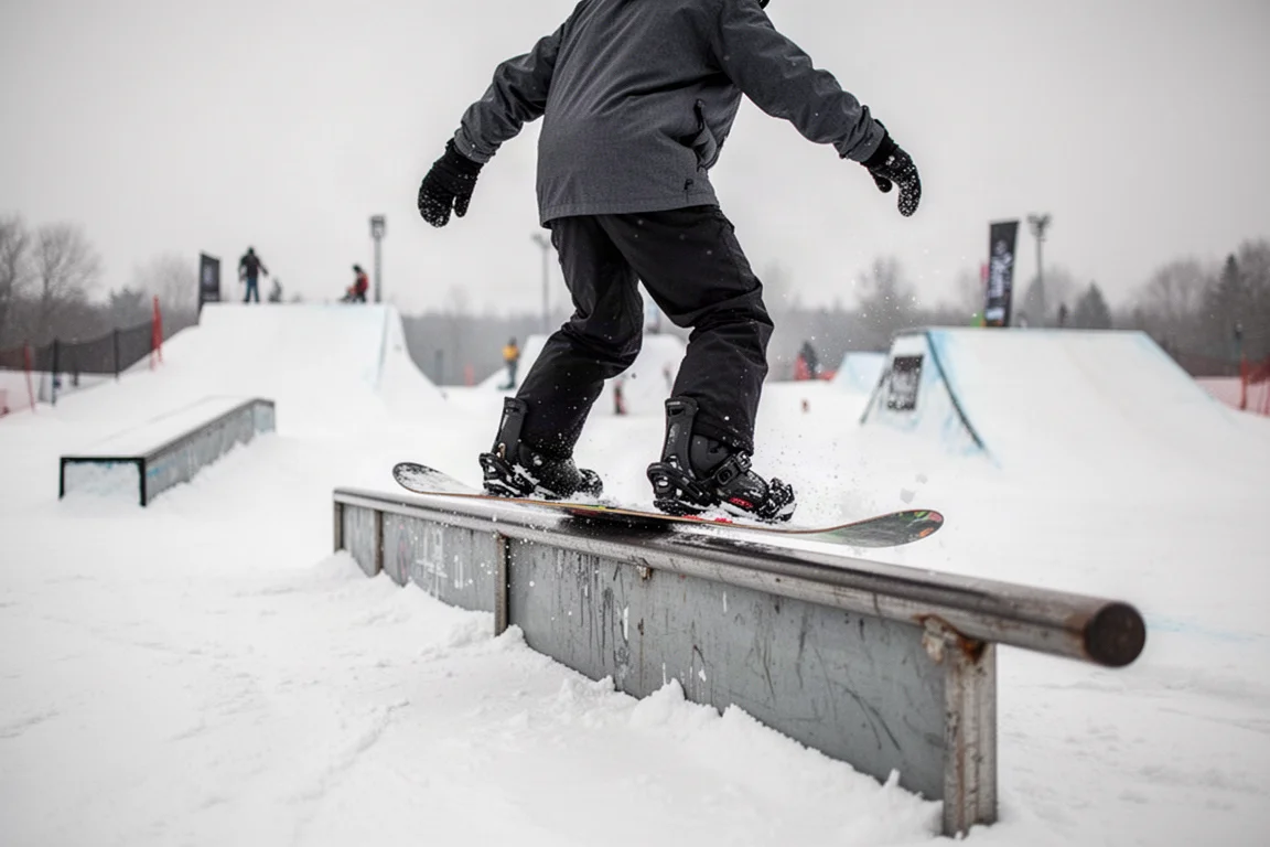 Snowboardzista zjeżdżający po rurze w snowparku