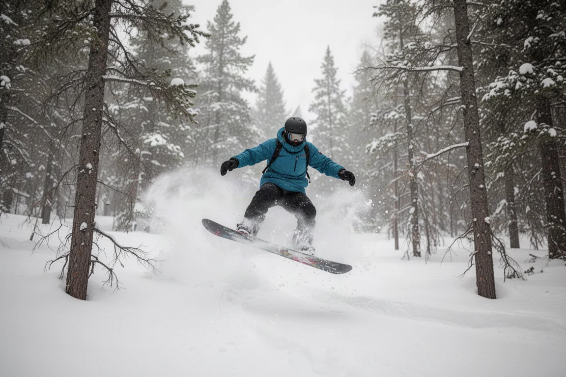 Snowboardzista płynący przez puch w przejeździe między drzewami