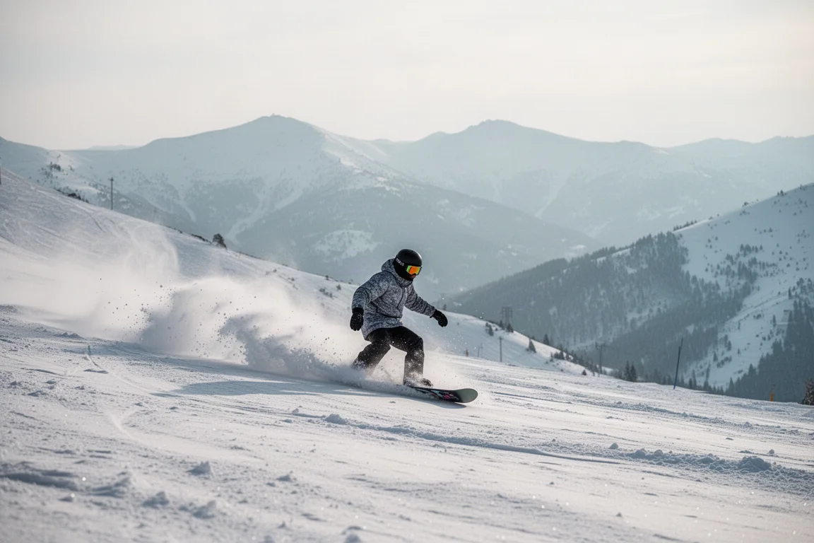 單板滑手在開闊的高山雪坡上穿越鬆軟粉雪