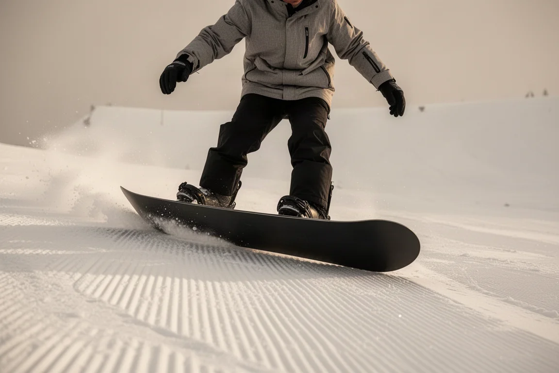 單板滑手在壓雪道上壓下板頭