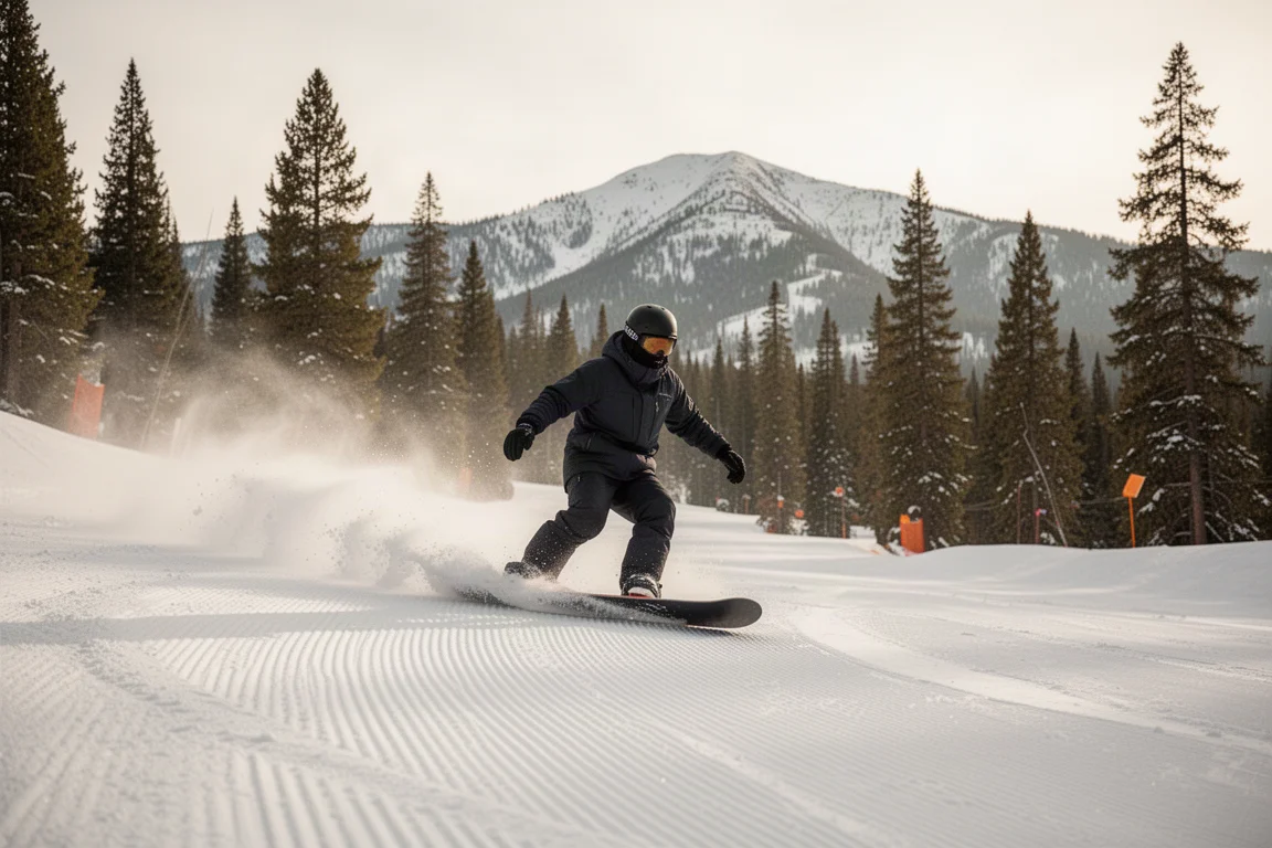 Snowboardeur carvant sur une piste damée de la station en lumière douce