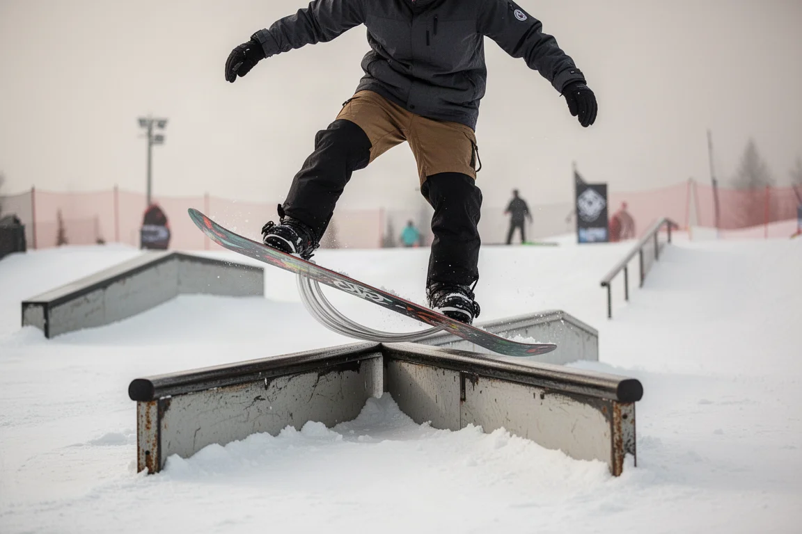 Snowboardeur pressant un rail dans un snowpark