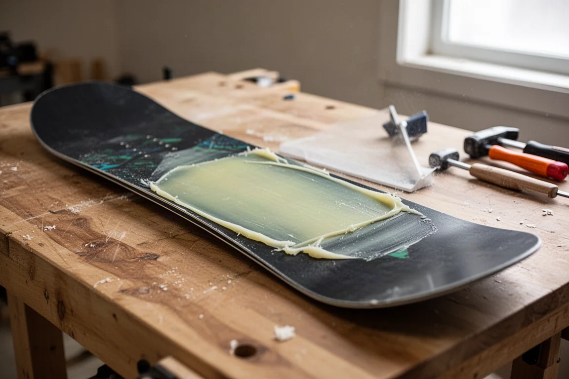 Semelle de snowboard étant fartée sur une table d'atelier