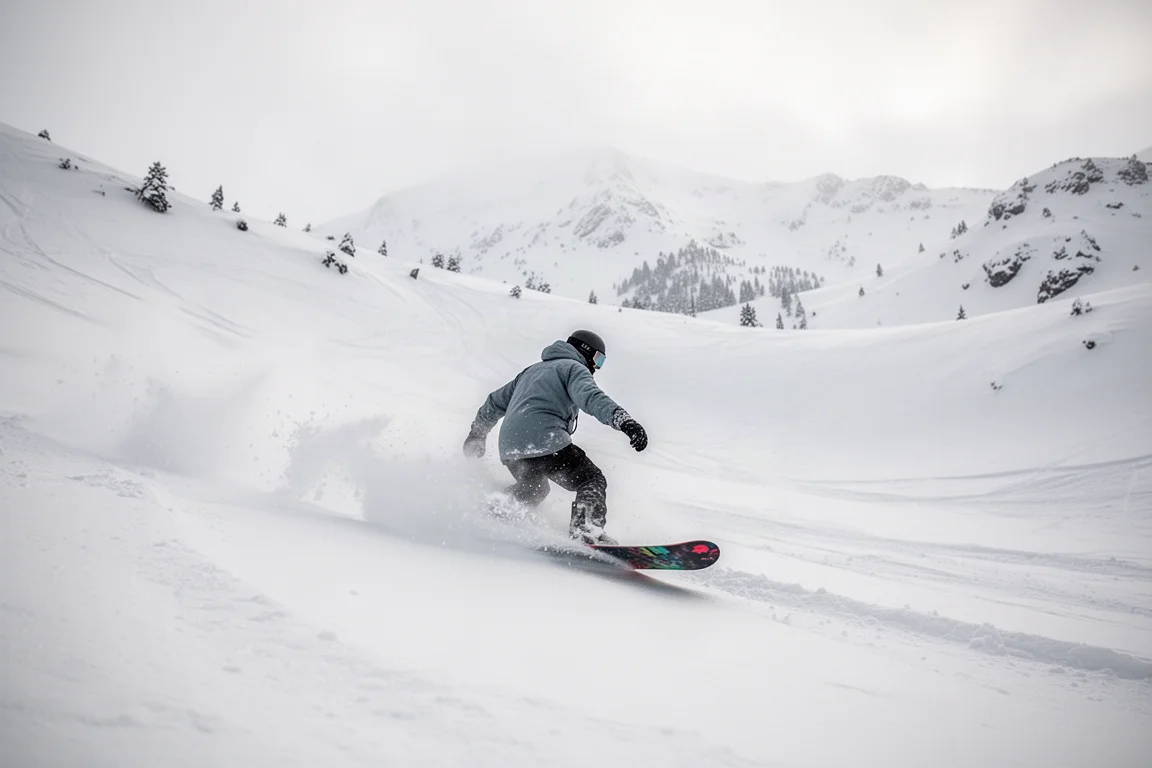 Snowboardeur évoluant dans la poudreuse fraîche en backcountry