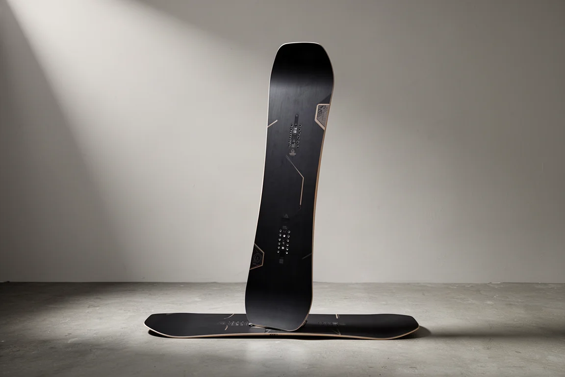 Snowboard all-mountain Season Primer dressé verticalement sur une surface en béton