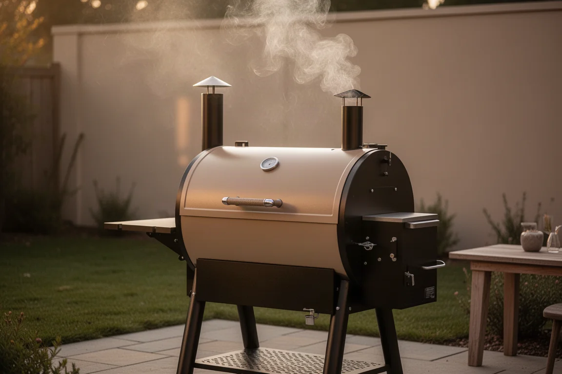 Parrilla de pellets humeando en un patio trasero al atardecer