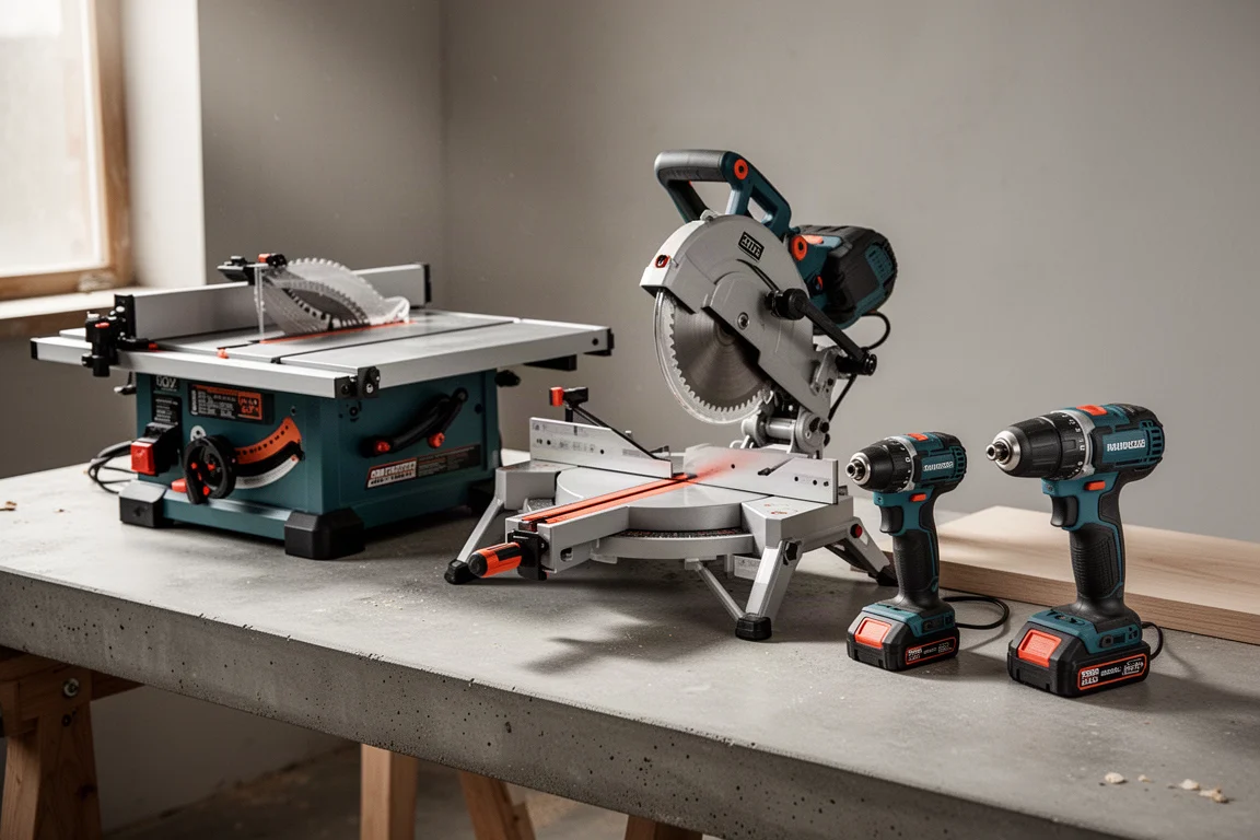 Workbench scene with contractor table saw, miter saw, and cordless tools