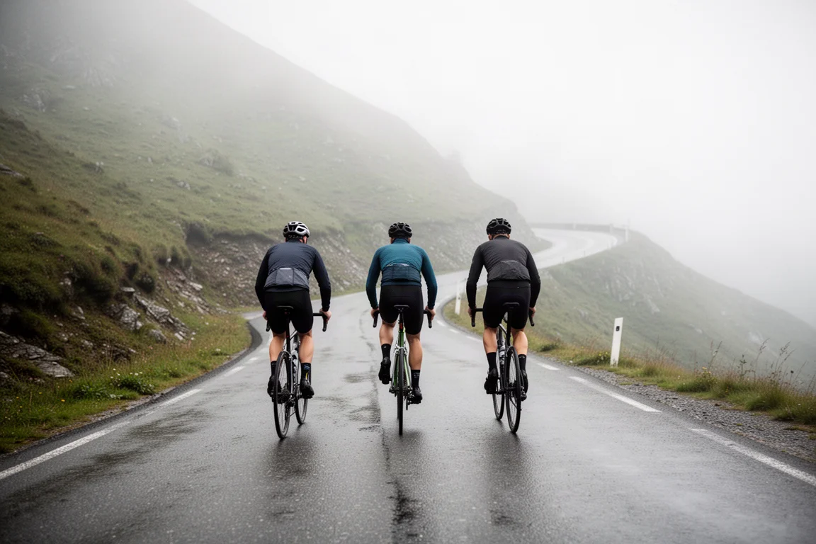 Trois cyclistes gravissant une route de montagne brumeuse, vus de dos