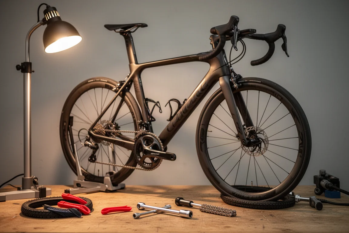 Vélo de route en carbone sur un pied d'atelier, outils posés sur un établi en bois
