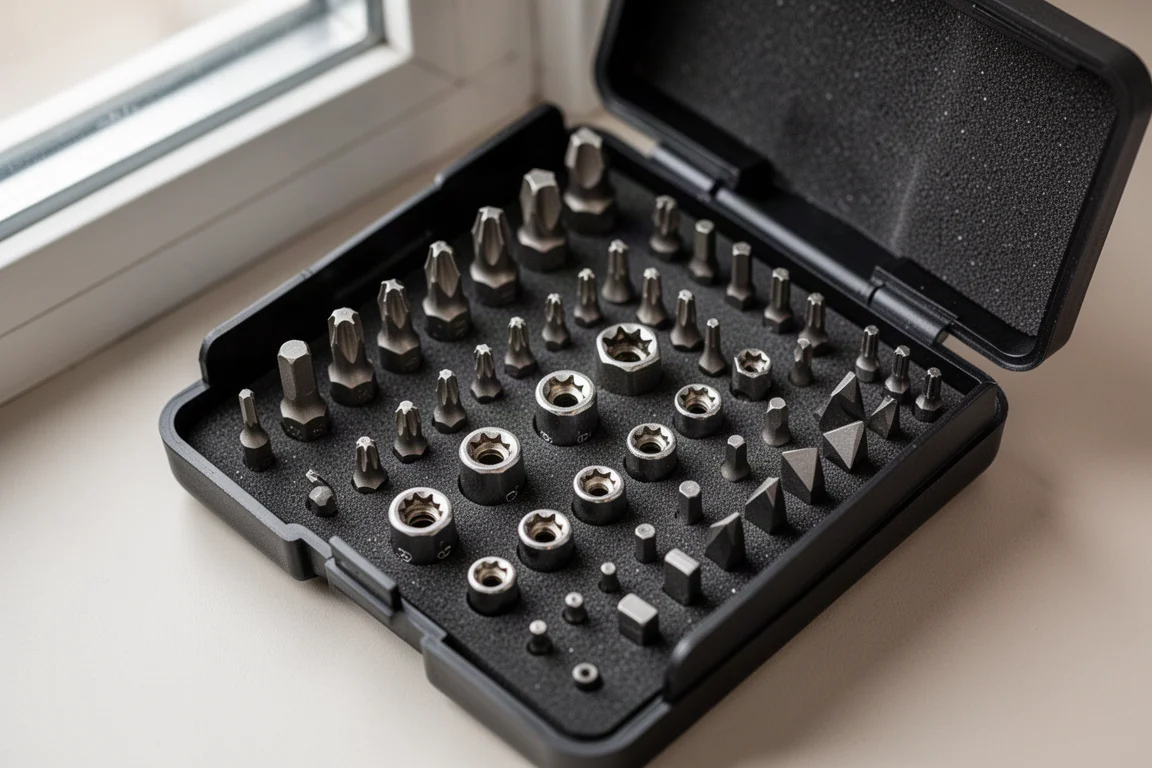 Open bit set case showing rows of small security driver bits