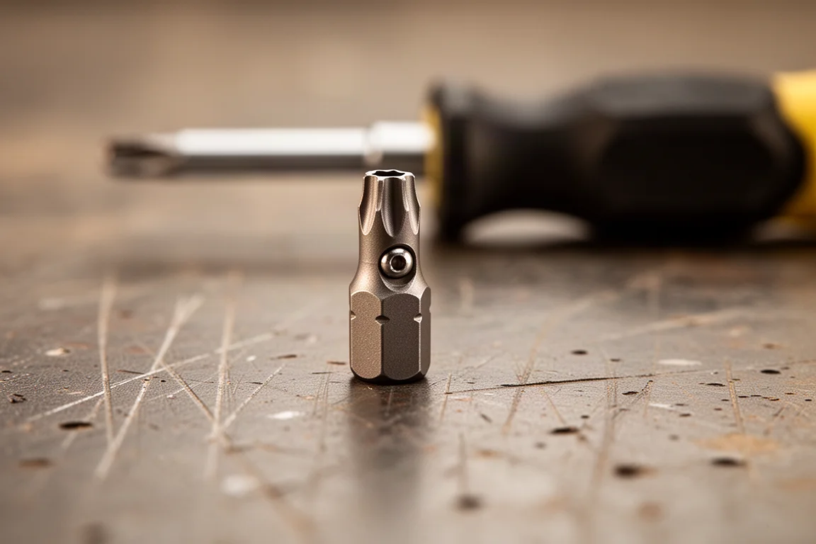 Close-up of a security torx bit with a center pin on a workbench