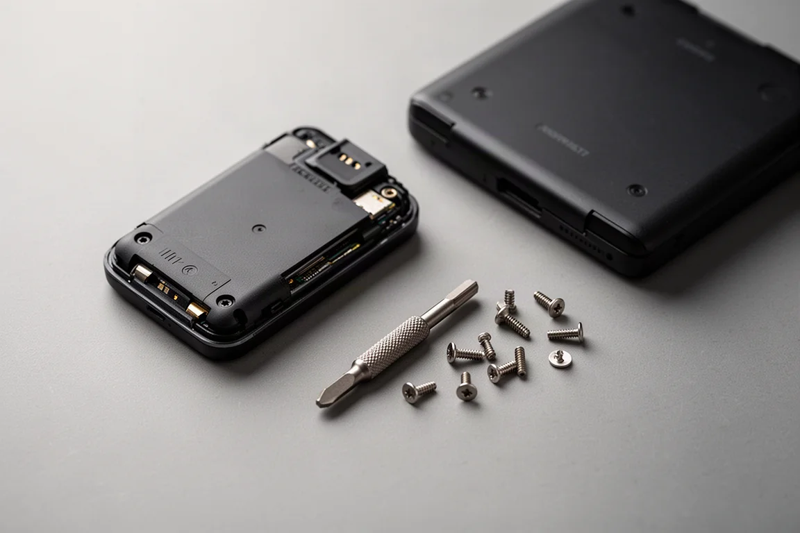 Disassembled electronics and small fasteners beside a driver bit