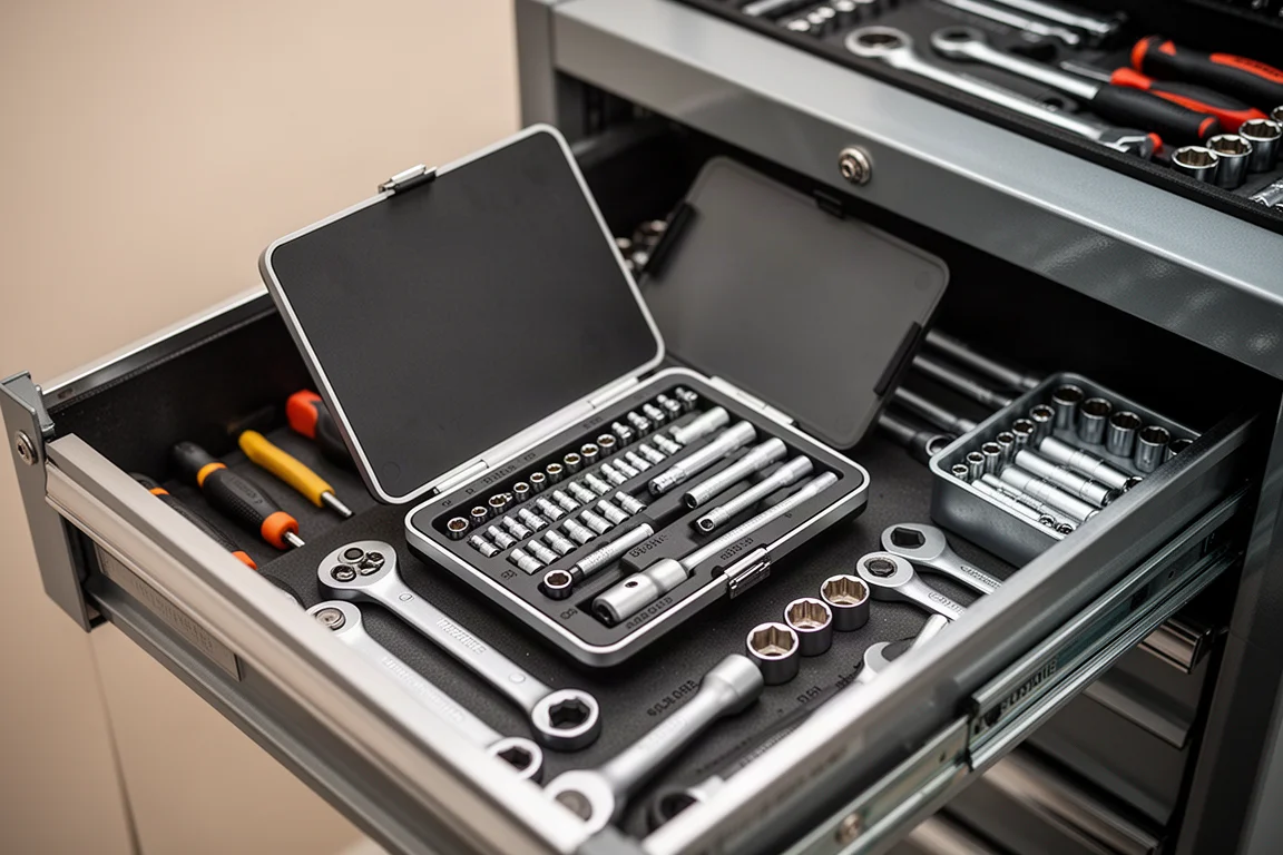 Bit set case stored in a tool chest drawer