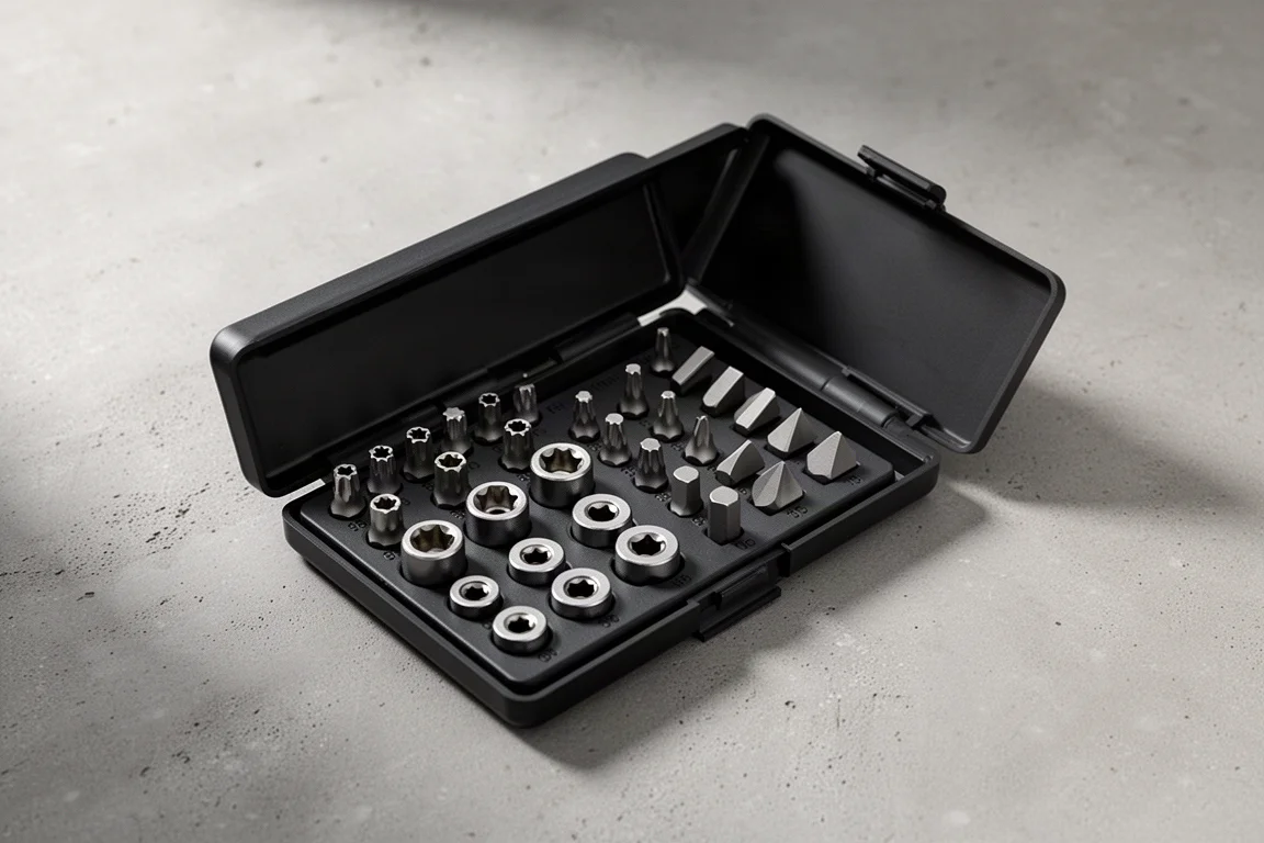 Open black bit set case with rows of small steel security driver bits