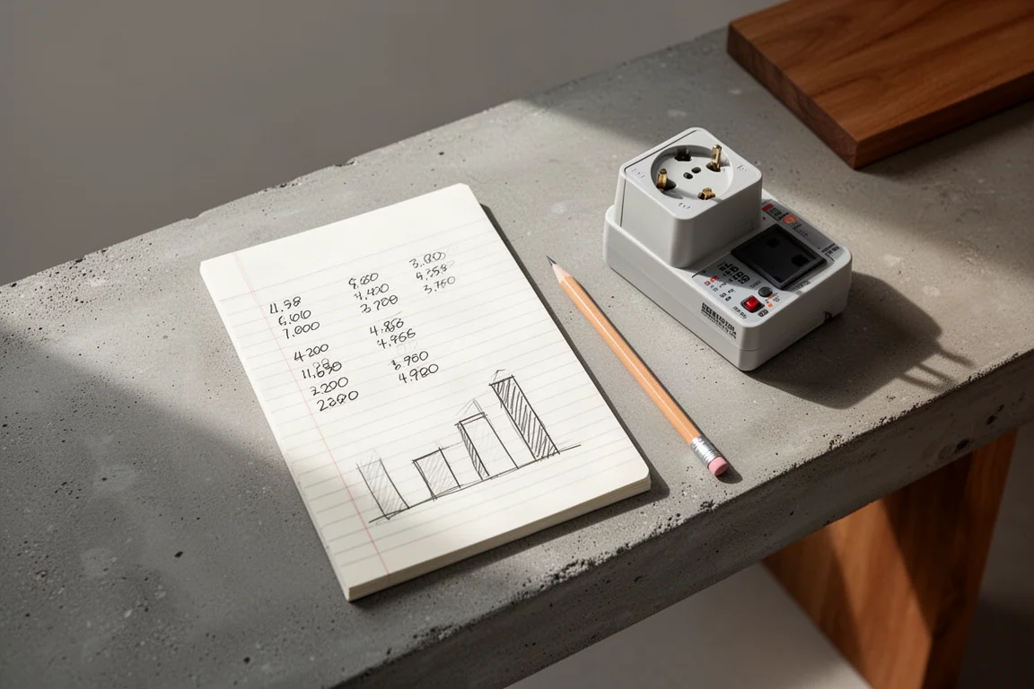 Notitieboekje met handgeschreven energietestcijfers op een werkbank