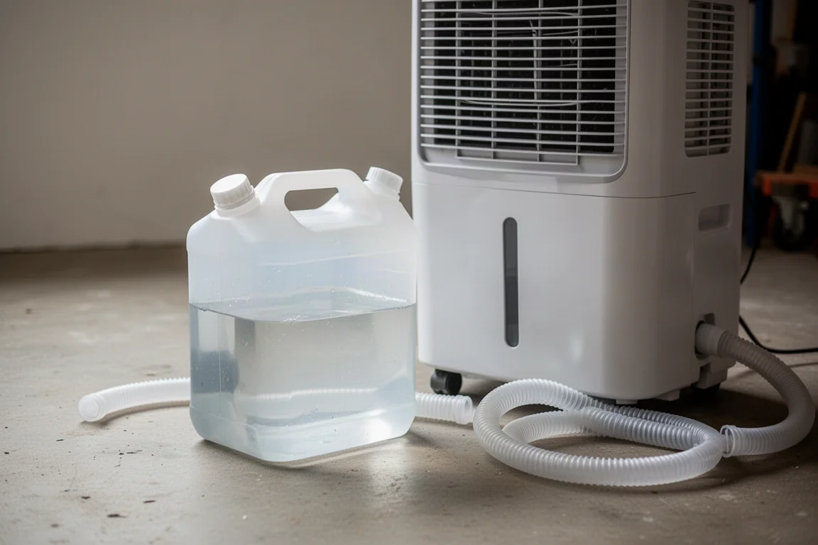 Lege waterreservoir wordt uit een luchtontvochtiger in een werkplaats getild