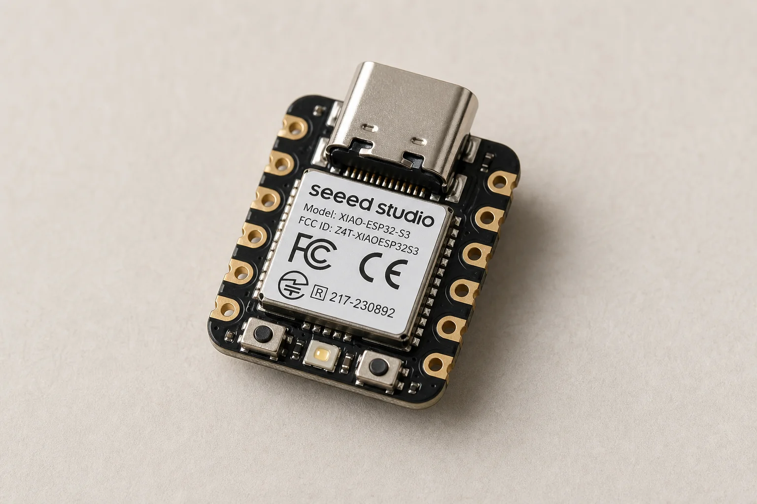 Micro drone ESP-FLY assemblato su una superficie grigia che mostra il design compatto del quadricottero