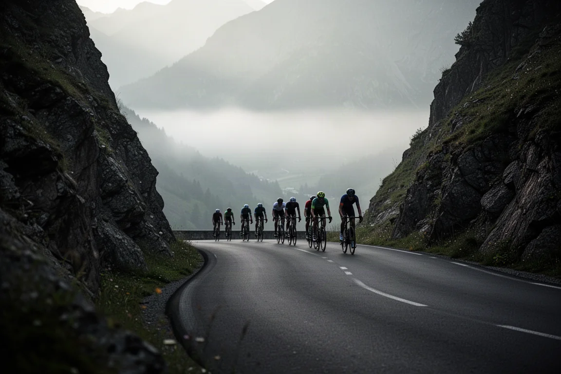 Una fila di ciclisti su strada che sale un ripido passo di montagna nella luce del primo mattino