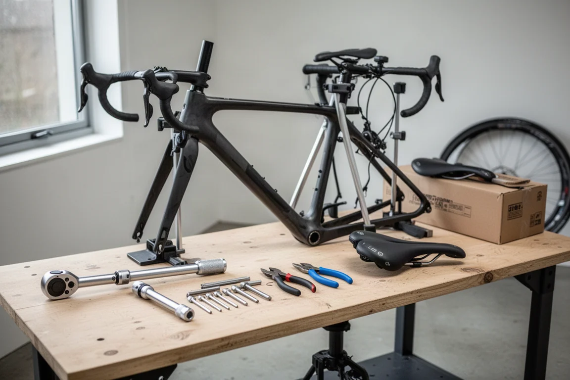 Banco di officina per bici con attrezzi e componenti durante una build custom