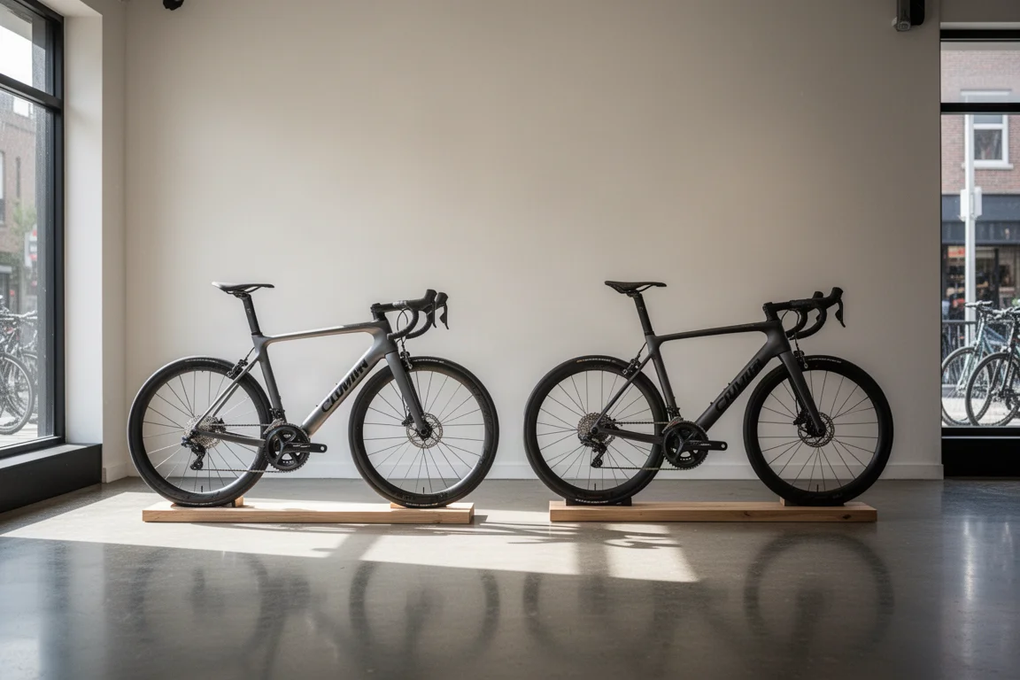 Due bici da strada esposte fianco a fianco in un luminoso negozio di bici moderno