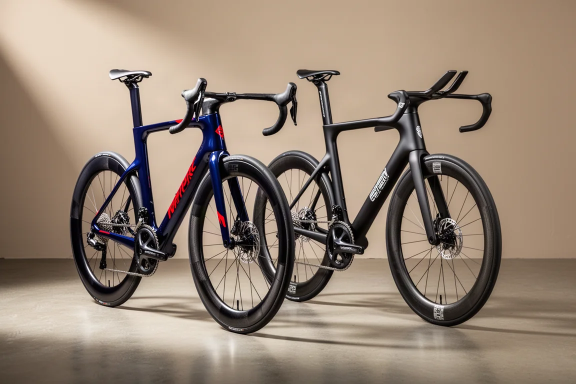 柔らかなスタジオ照明の下、コンクリートの床に並んだ2台のカーボンロードレースバイク