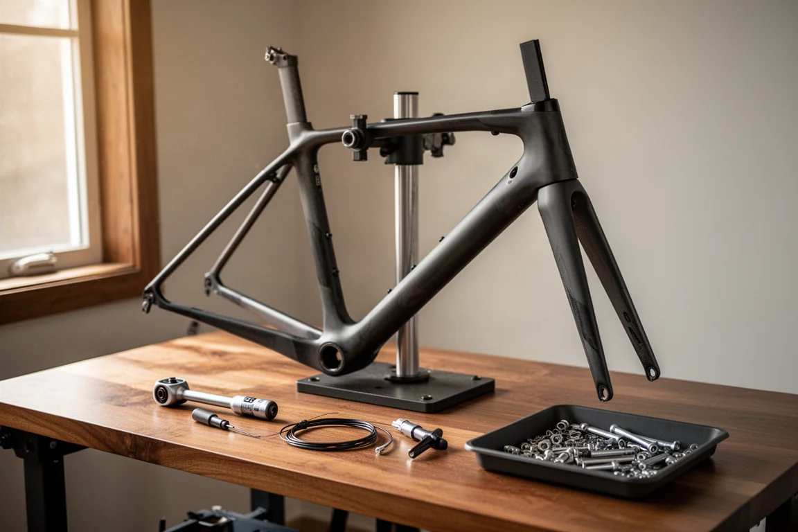Teilmontiertes Rennrad auf einem Reparaturständer in einer Garage mit Werkzeug und Teilen