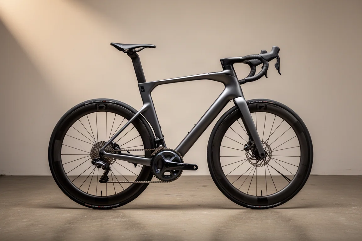 Bici da strada aero leggera con ruote in carbonio a profilo alto su sfondo grigio neutro da studio
