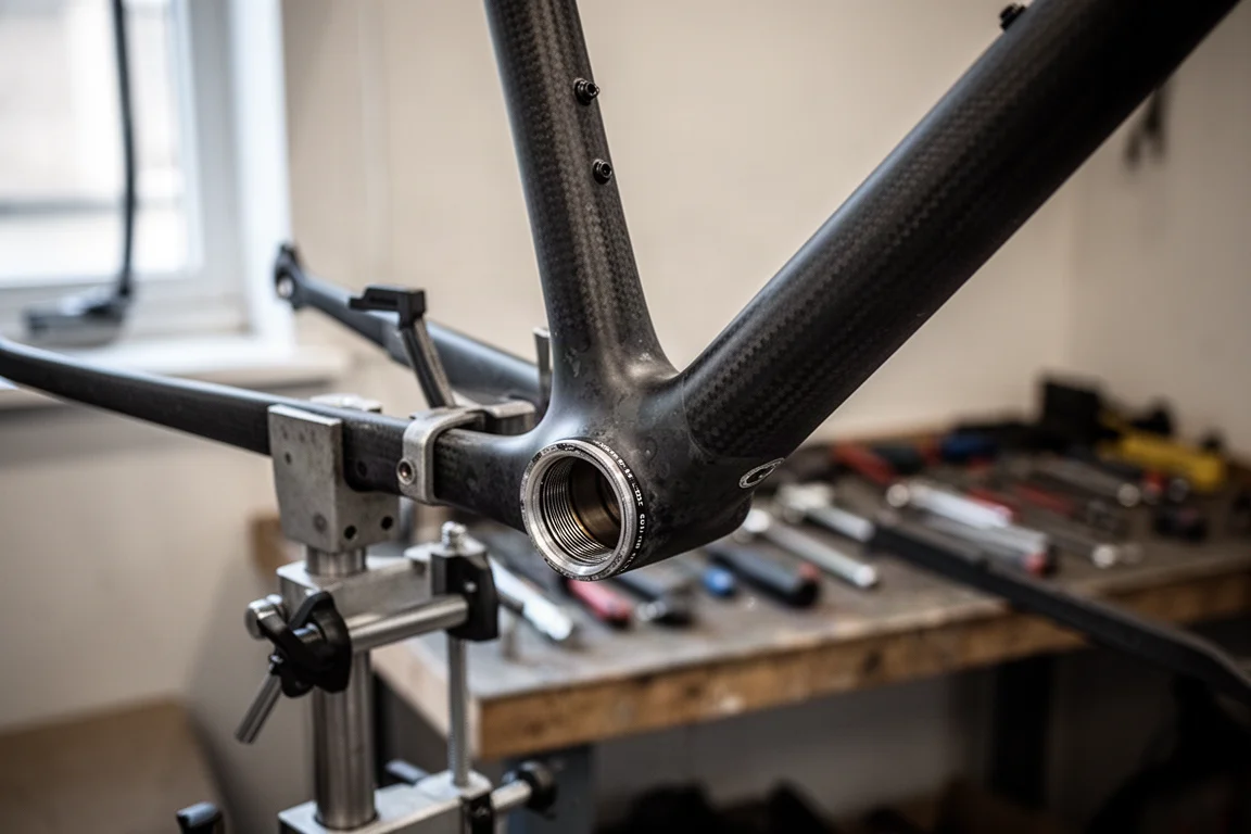 Vélo de route sur un pied de réparation, outils et pièces de transmission disposés sur un tapis d'atelier