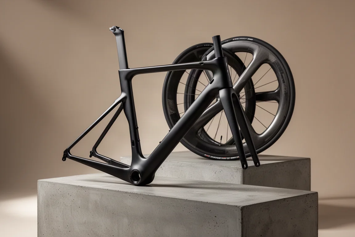 Aerodynamic carbon road bike frameset in dark grey on a matte concrete surface