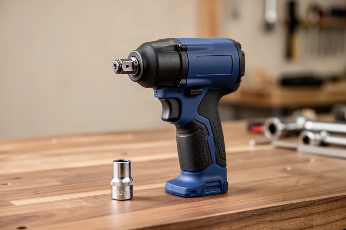 Compacte blauwe stubby moersleutel vastgehouden boven een houten werkbank