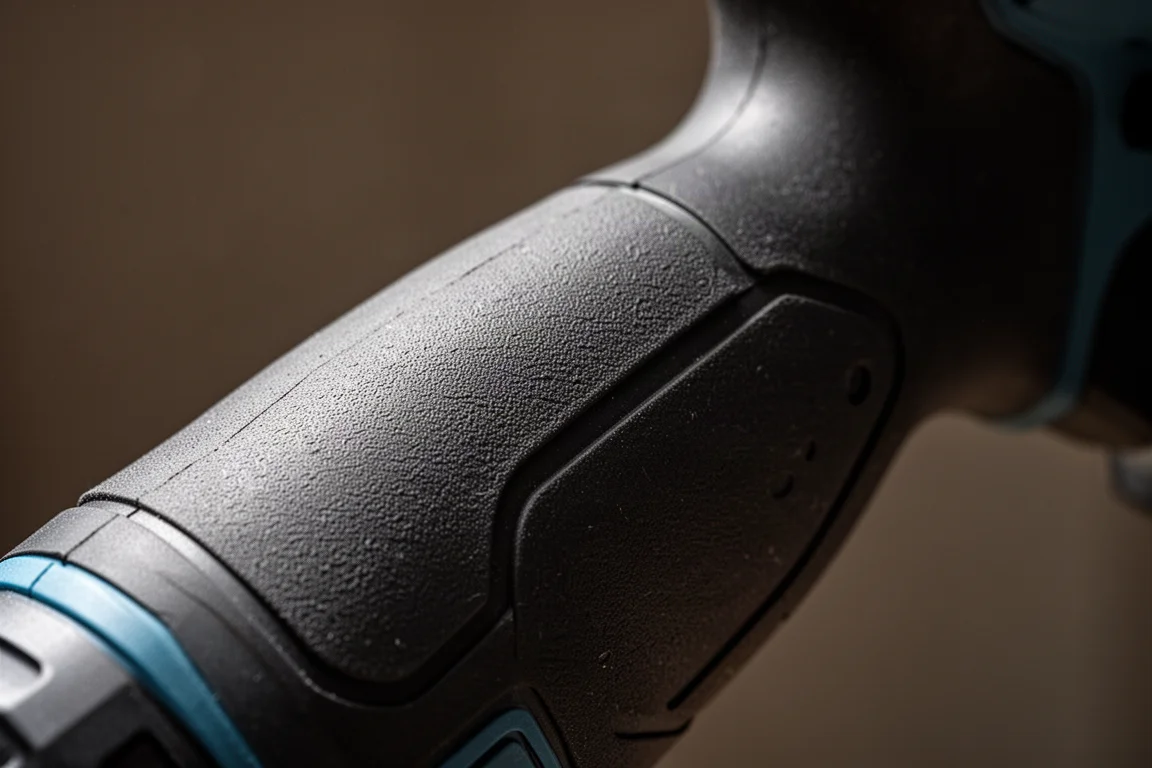 Close-up van de rubberen gripstructuur van een gereedschap op een donkere ondergrond