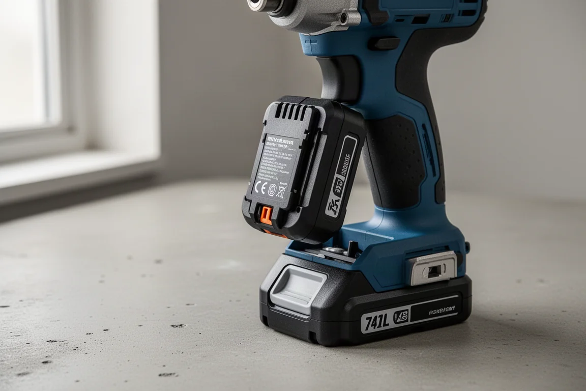 Accupack van gereedschap dat in een blauwe moersleutel schuift