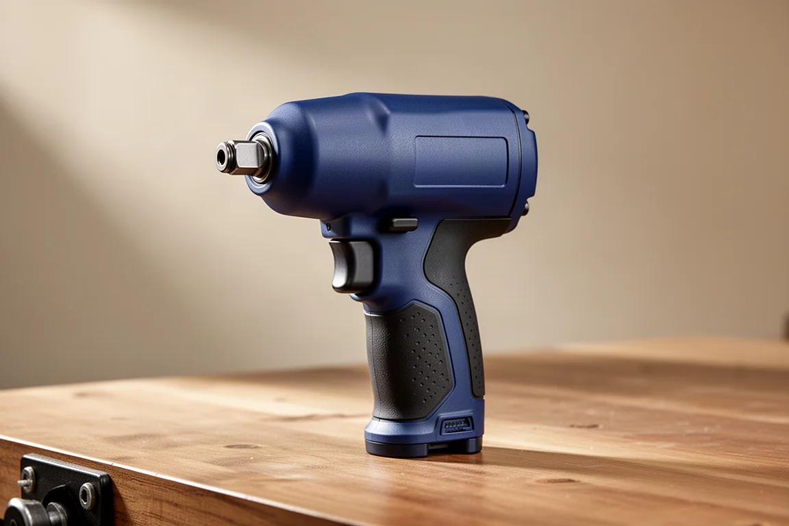 Compact blue stubby impact wrench on a brushed wood workbench