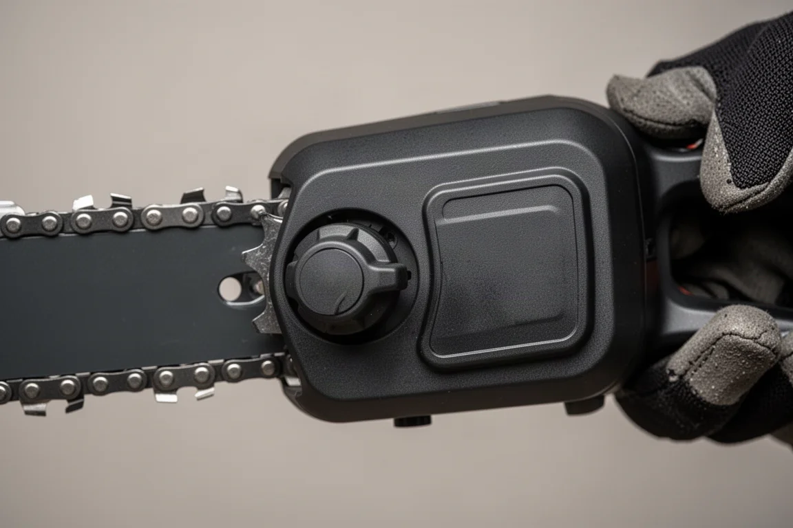 Close-up of a gloved hand adjusting the tool-free chain tension knob on a mini chainsaw