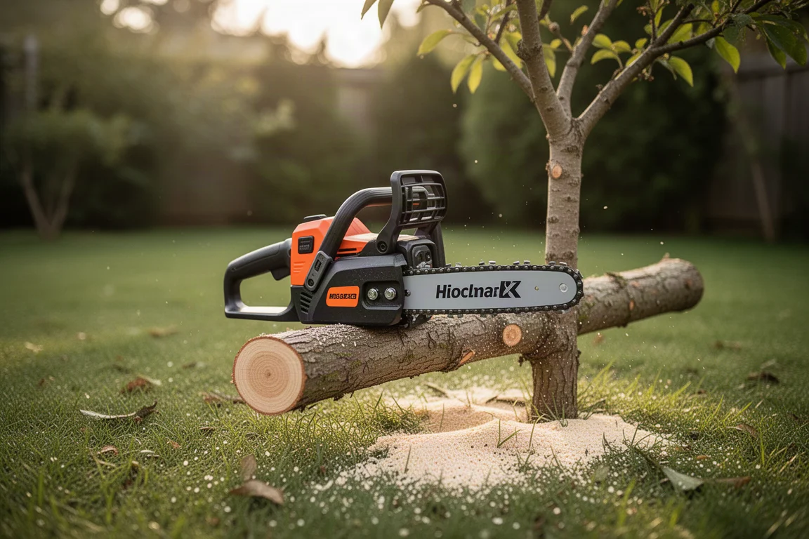 Mini chainsaw trimming a small tree limb in a backyard setting