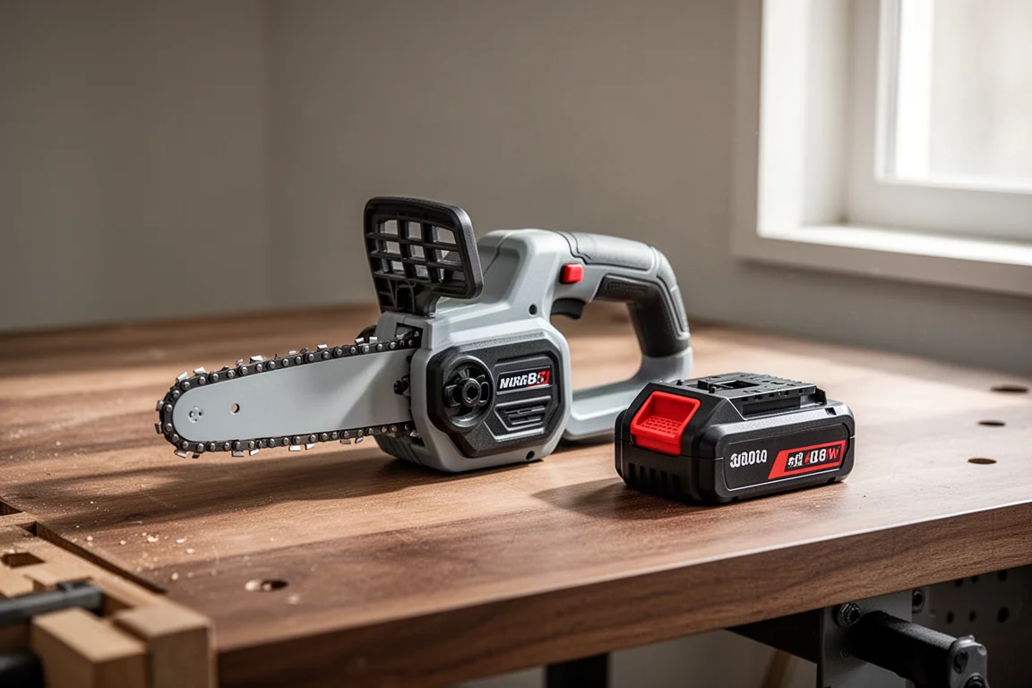 Mini chainsaw and Makita-style battery placed side by side on a wooden workbench