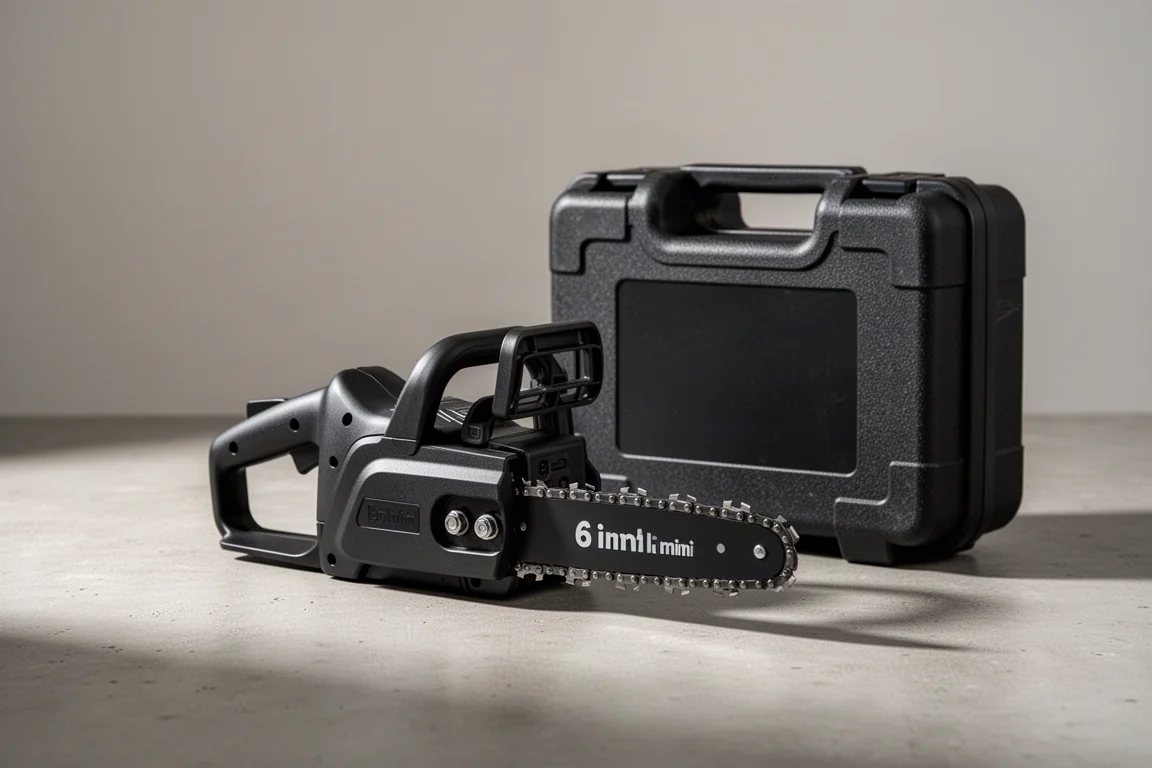 Compact mini chainsaw with short guide bar beside a hard carry case on concrete