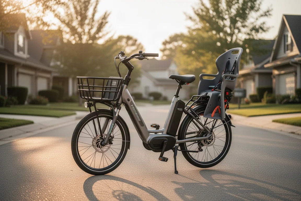 E-Lastenrad mit Frontkorb und Kindersitz hinten, geparkt auf einer Vorortstraße