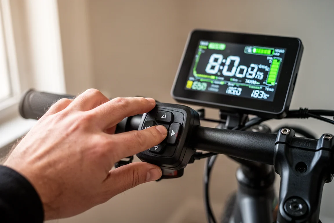 Nahaufnahme der Hand eines Fahrers, die das D-Pad am Lenker auf dem TFT-Display bedient