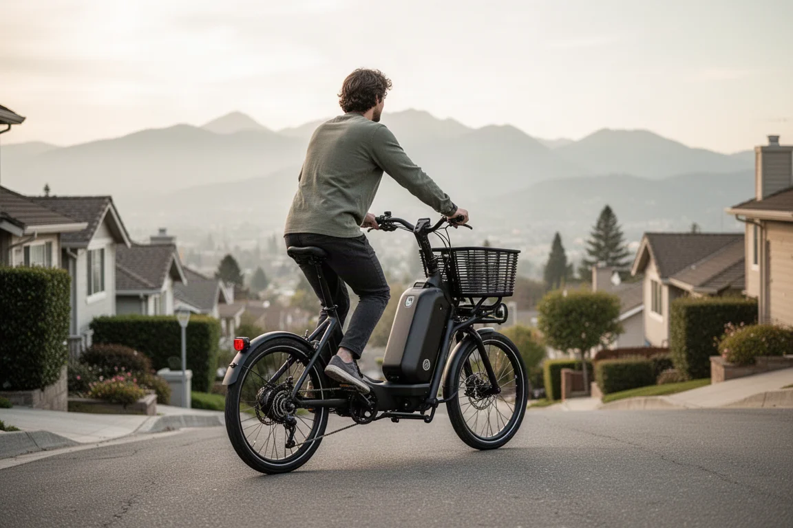 E-Lastenrad, das einen steilen Wohnhügel hinauffährt, mit Bergen im Hintergrund
