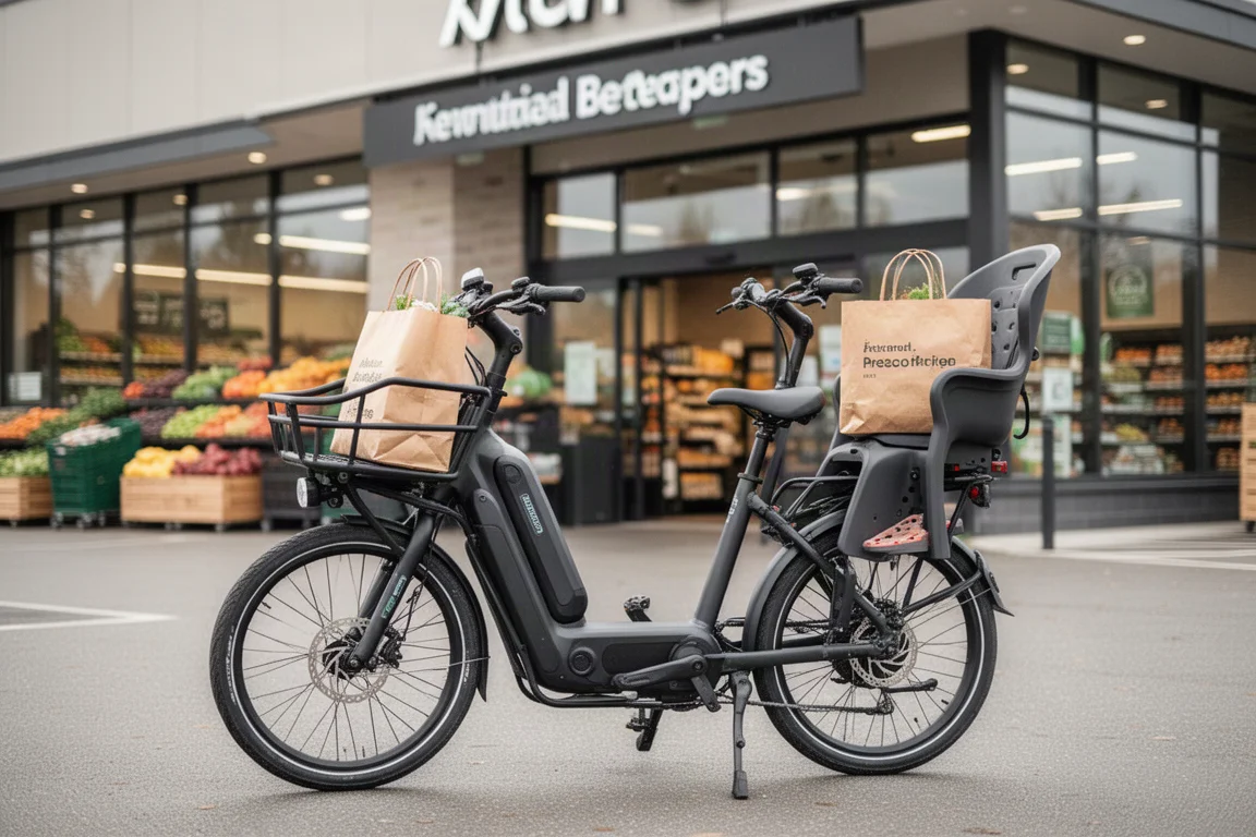 E-Lastenrad mit Kindersitz und Fußrasten, geparkt vor einem Lebensmittelgeschäft
