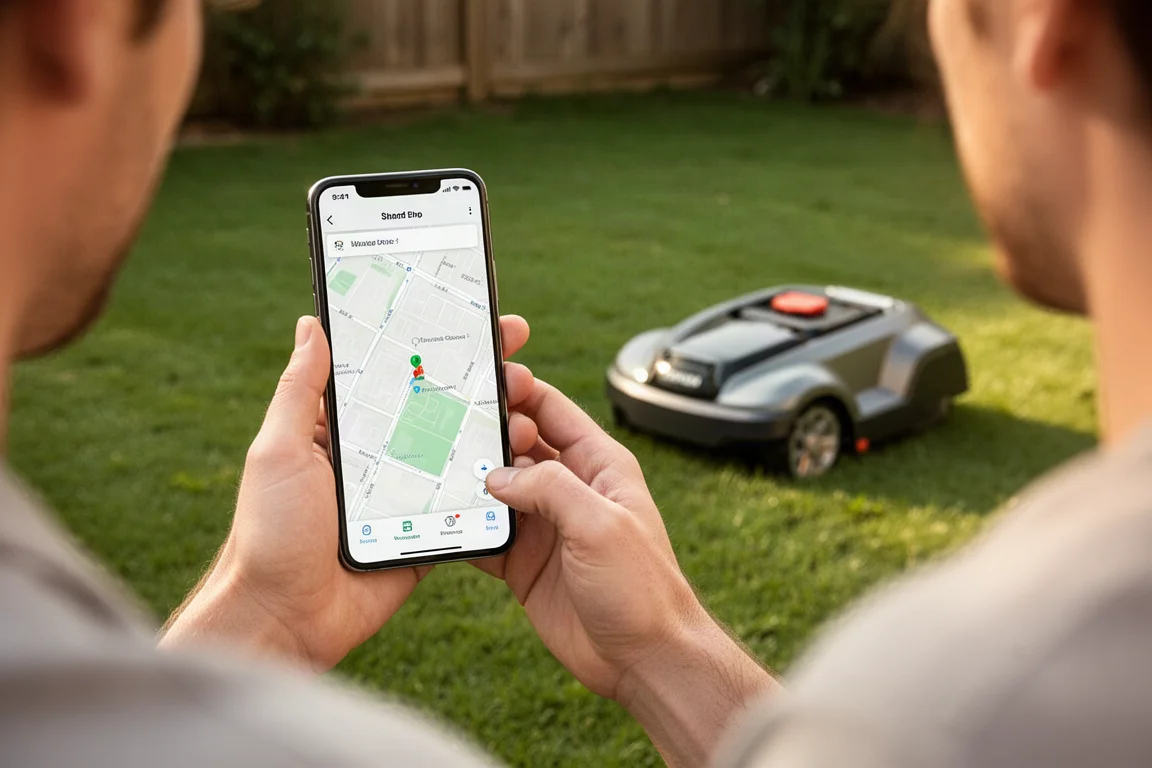 Person, die mit einer Smartphone-App einen Roboter-Rasenmäher im Hinterhof steuert