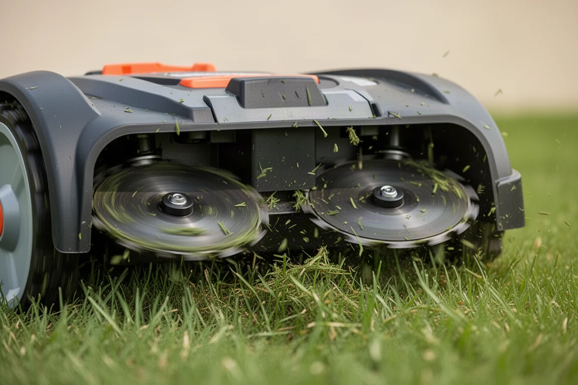 Nahaufnahme eines Roboter-Rasenmähers, der Gras mit zwei rotierenden Scheiben und Rasierklingen schneidet