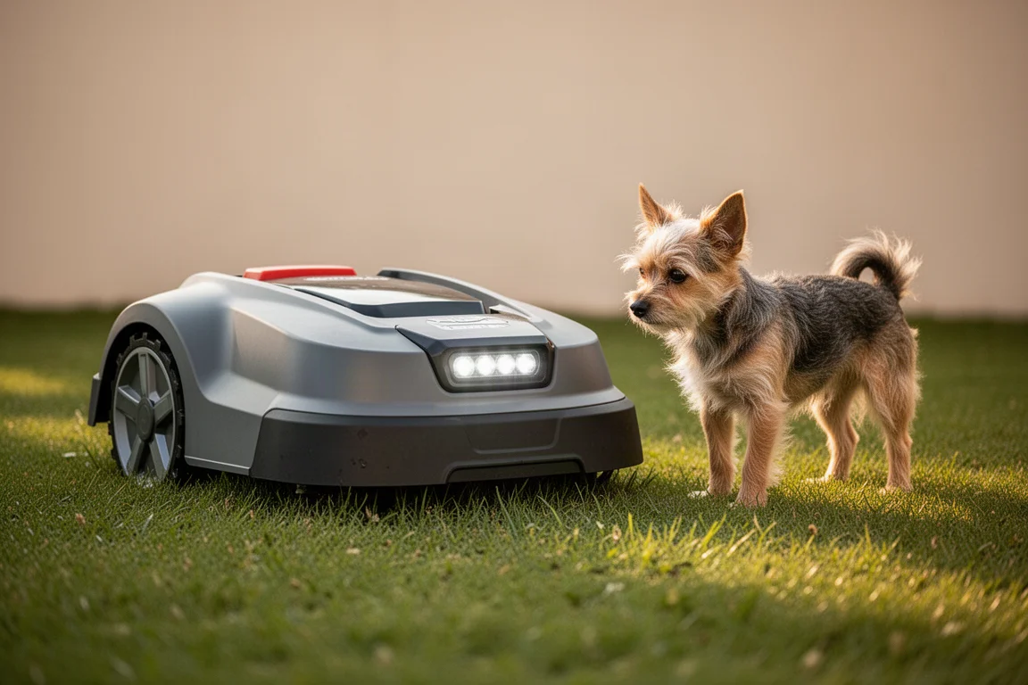 Roboter-Rasenmäher, der vor einem kleinen Hund auf einem Hinterhofrasen anhält